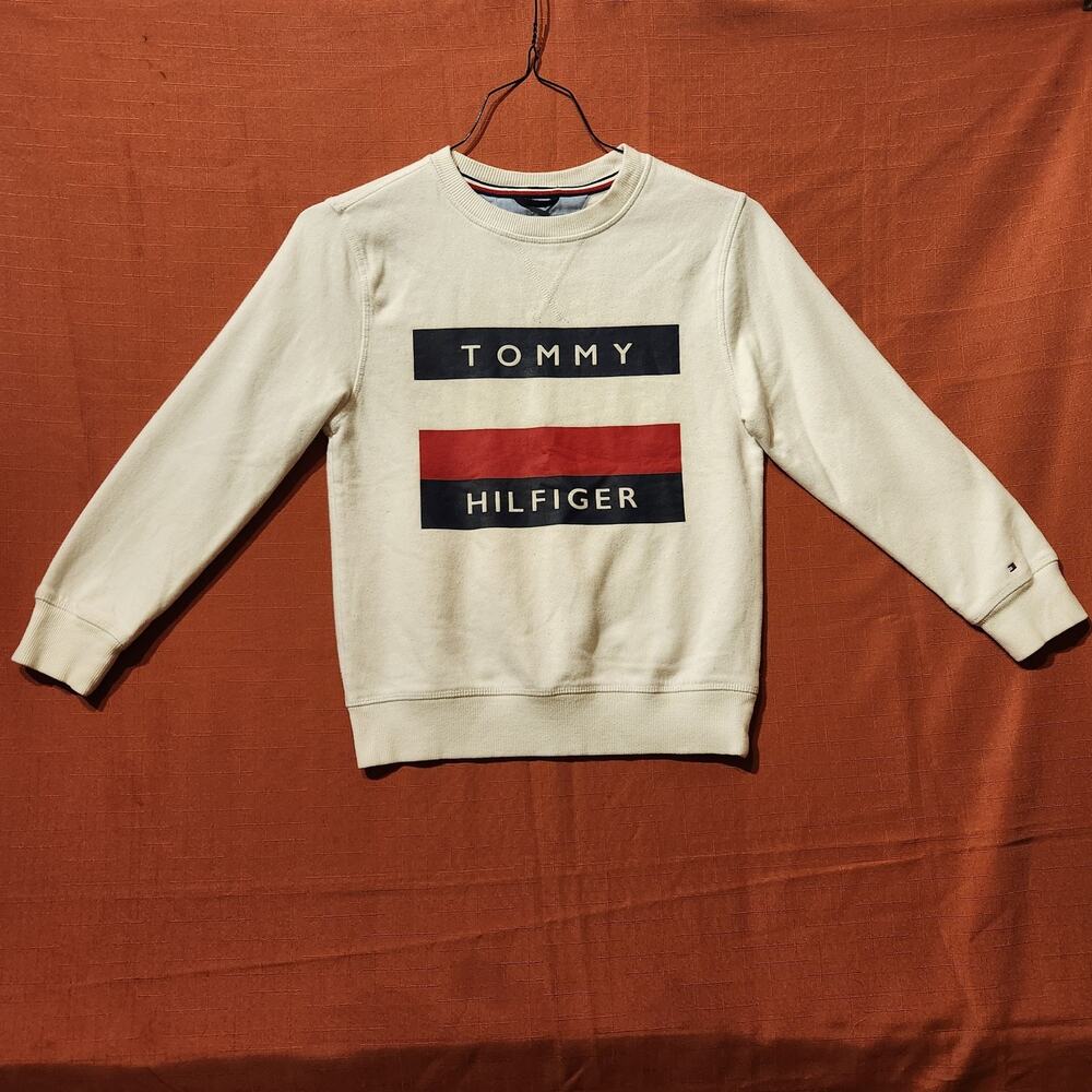 Tommy Hilfiger Sweater Kids Medium Blue & Red Logo Pullover Crewneck Sweater 90s